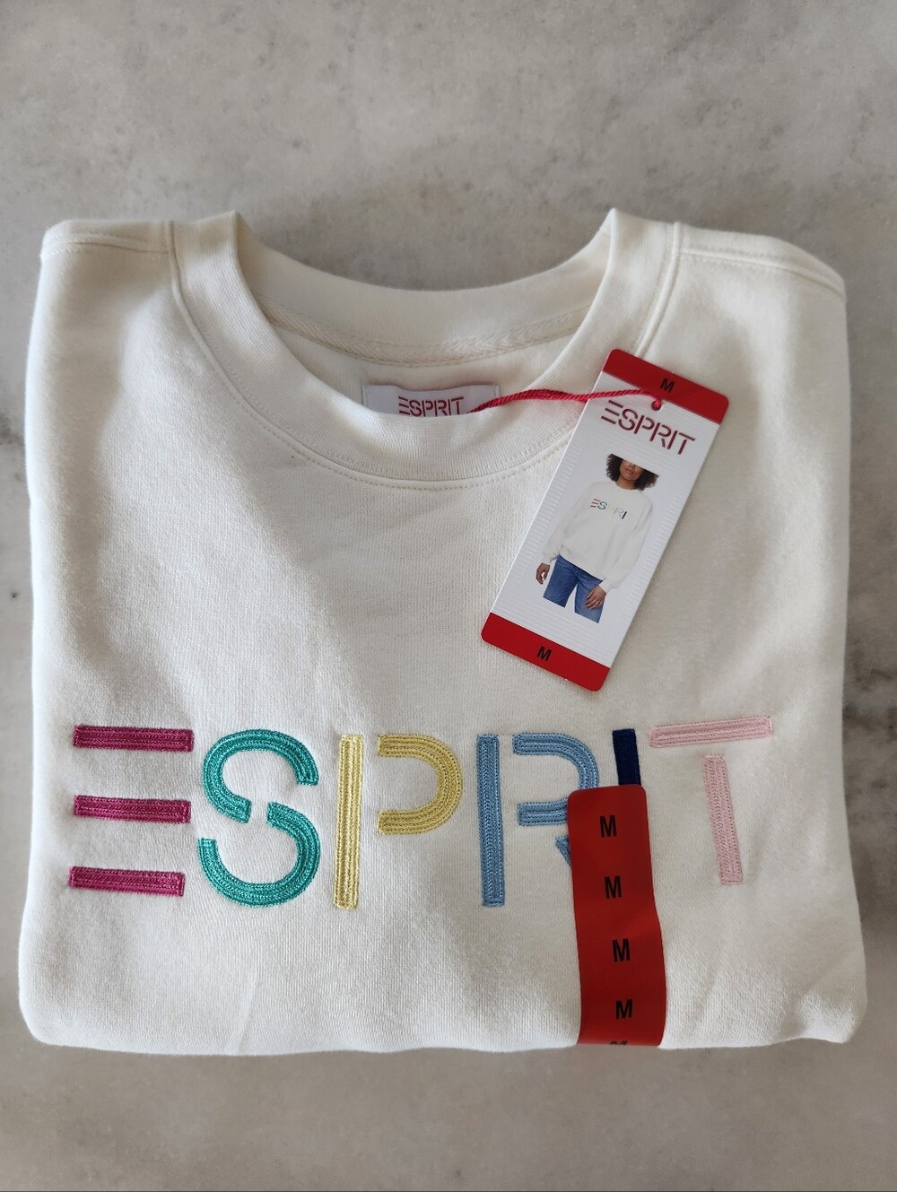 Esprit White Cream Sweatshirt Embroidered Logo Multicolor Rainbow 80's NWT Viral - Picture 7 of 8